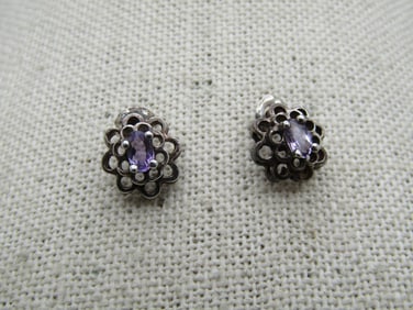 Vintage Sterling Amethyst Tiered Earrings, Pierced, 1980's-1990's.