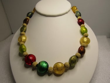 Sterling Gemtone Glitter Glass Beaded Necklace, 16", Signed Antica Murrina, Original Box, 1990's