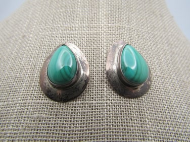 Vintage Sterling Southwestern Malachite Earrings, Pierced, 1960's-1980's