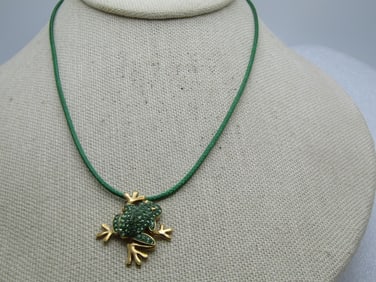 Sterling Rhinestone Enameled Frog Necklace, Goldwashed, 16"-18" Signed R.H. and TH