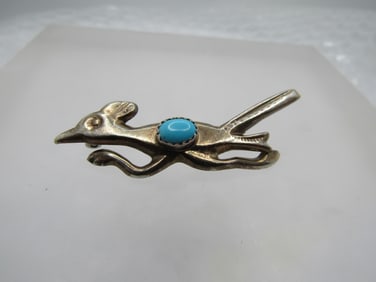 Vintage Sterling Southwestern Turquoise Roadrunner Brooch, 1960's-1970's.  2"