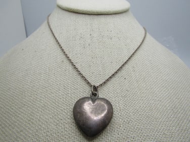 Vintage Sterling Puffy Heart Necklace, Signed Sterling & Tiffany Co, 16"
