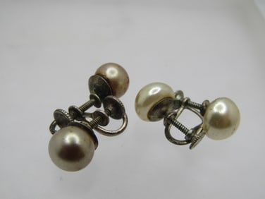 Vintage 2 Pr. Sterling Pearl Earrings, Screwback, 1930's-1940's