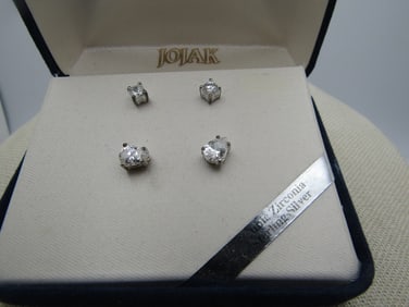 Vintage Sterling 2 Pr. CZ Stud Earrings, Jojak, Boxed