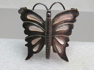 Vintage Sterling Pink MOP Butterfly Pendant, Brooch, signed RT, 1970's-1980's