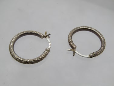 Vintage Sterling Notched Hoop Earrings, Pierced, 1970's-1980's, Signed