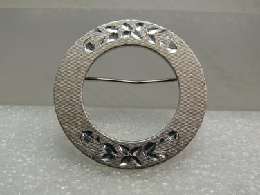 Vintage Sterling Floral Etched Brooch, Circle, Signed Wells, 1960's-1970's