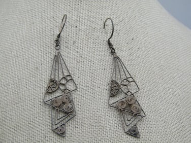 Vintage Sterling Filigree Dangle Earrings, Pierced, Boho, 1960's-1980's