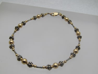 10Kt Gold & Sterling Beaded Bracelet, 7", Bali Themed, 1980's-1990's. Signed