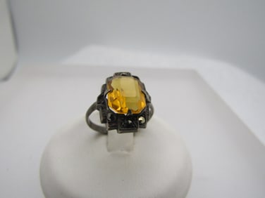 Vintage Sterling Marcasite and Yellow Stone Ring, Sz. 4.5, 1920's-1930's