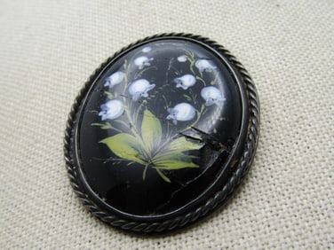 Vintage Sterling Painted Lilies of the Valley Brooch, Mid-Century, Some damage