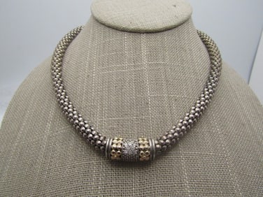 Vintage Sterling & 14kt Cavarier Diamond Necklace, Gabrielle Bruni, 17.5"