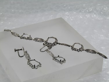 Vintage Sterling Filigree Bracelet & Earrings, Settings, Art Deco Themed