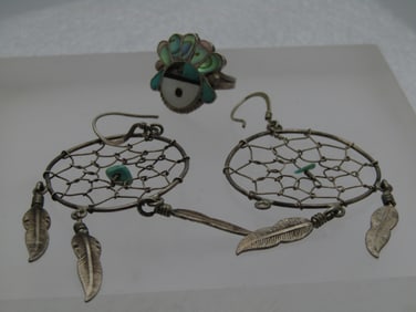 Vintage Sterling Dreamcatcher Earrings/Sun Face Ring, Repair/Repurpose