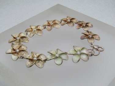 Vintage Sterling Blossom Link Bracelet with CZ,, 8.5", 1980's-1990's