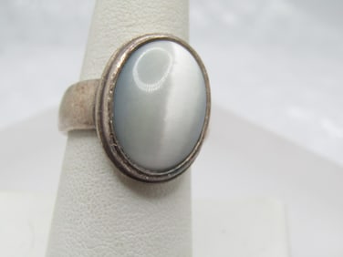 Vintage Sterling Cateye Stone Ring, Sz. 8, Pale Blue, Signed, 1950's-1960's.