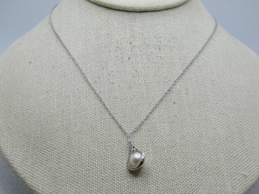 Sterling Pearl Diamond Necklace, 16"-17" Adjustable, Signed