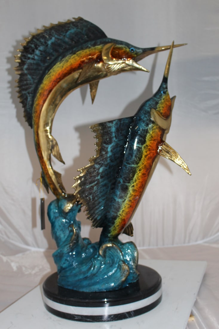 Two Sailfish fish Bronze Statue - Size: 20"L x 16"W x 34"H.: Title: Two Sailfish fish Bronze Statue - Size: 20"L x 16"W x 34"H. Description: A beautiful Sail Fish sculpture standing 34" tall. Featuring in a natural form of 2 big Sailfish. A timeless Creation in