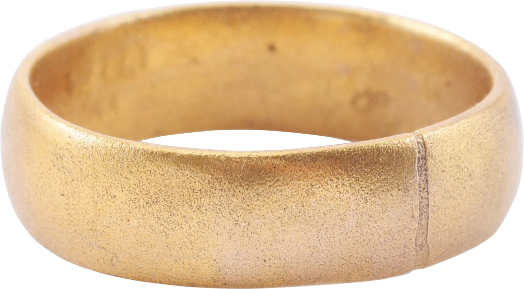 VIKING WARRIOR’S WEDDING RING, 9th-11th CENTURY AD, SIZE 10: 9th-11th century AD. Gilt bronze, wearable size 10. 6.2mm band with a well rounded face. Surface textured overall from burial. Vikings exchanged rings on the pommel of the groom's sword. Professionall