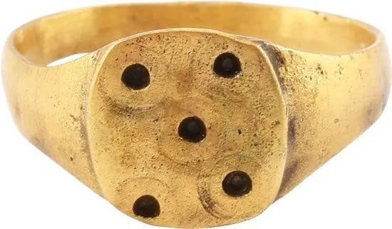 MEDIEVAL ENGLISH RING 9TH-10TH C. AD, SIZE 11 1/2: 9th-10th century AD. Rare large size. Line bordered low raised square bezel with concentric circle decoration, four surrounding one in the regular arrangement of unknown spiritual significance. See Po