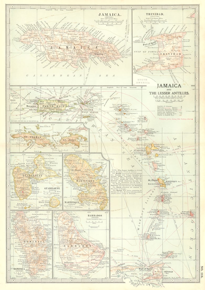WEST INDIES. Jamaica Barbados BVIs Martinique Trinidad Guadeloupe 1903 old map (1 of 1)