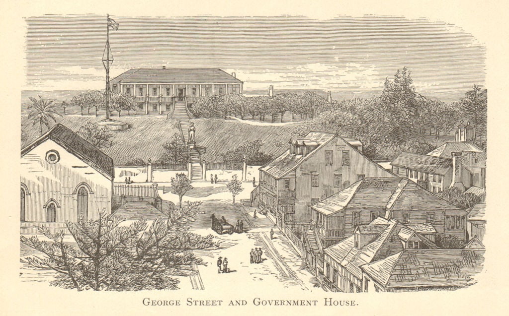 George Street and Government House, NASSAU, BAHAMAS 1891 old antique print: CAPTION PRINTED BELOW PICTURE: 'George Street and Government House' DATE PRINTED: 1891 IMAGE SIZE: Approx 12.0 x 17.5cm, 4.5 x 6.75 inches (Small) TYPE: Antique print CONDITION: Good; suitable