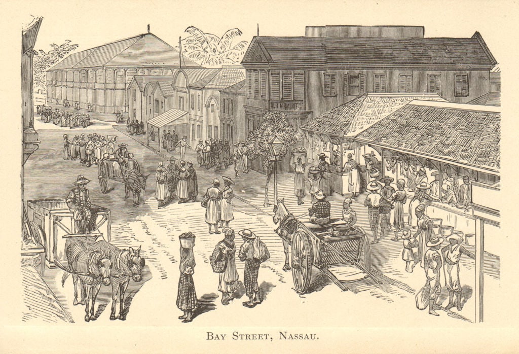 Bay Street, Nassau, BAHAMAS 1891 old antique vintage print picture: CAPTION PRINTED BELOW PICTURE: 'Bay Street, Nassau' DATE PRINTED: 1891 IMAGE SIZE: Approx 12.0 x 16.0cm, 4.75 x 6.25 inches (Small) TYPE: Antique print CONDITION: Good; suitable for framing. Pl