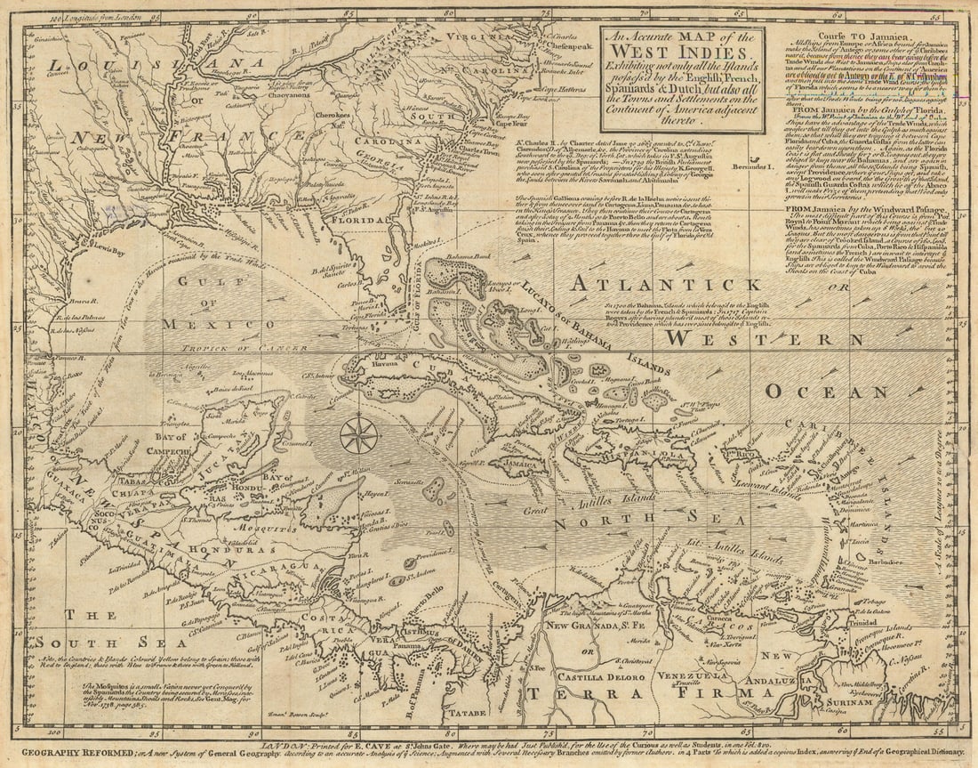 An accurate map of the West Indies… & continent of America. BOWEN 1740 old: CAPTION PRINTED BELOW PICTURE: 'An accurate map of the West Indies exhibiting not only all the islands possessed by the English, French, Spaniards & Dutch, but also all the towns and settlements on th