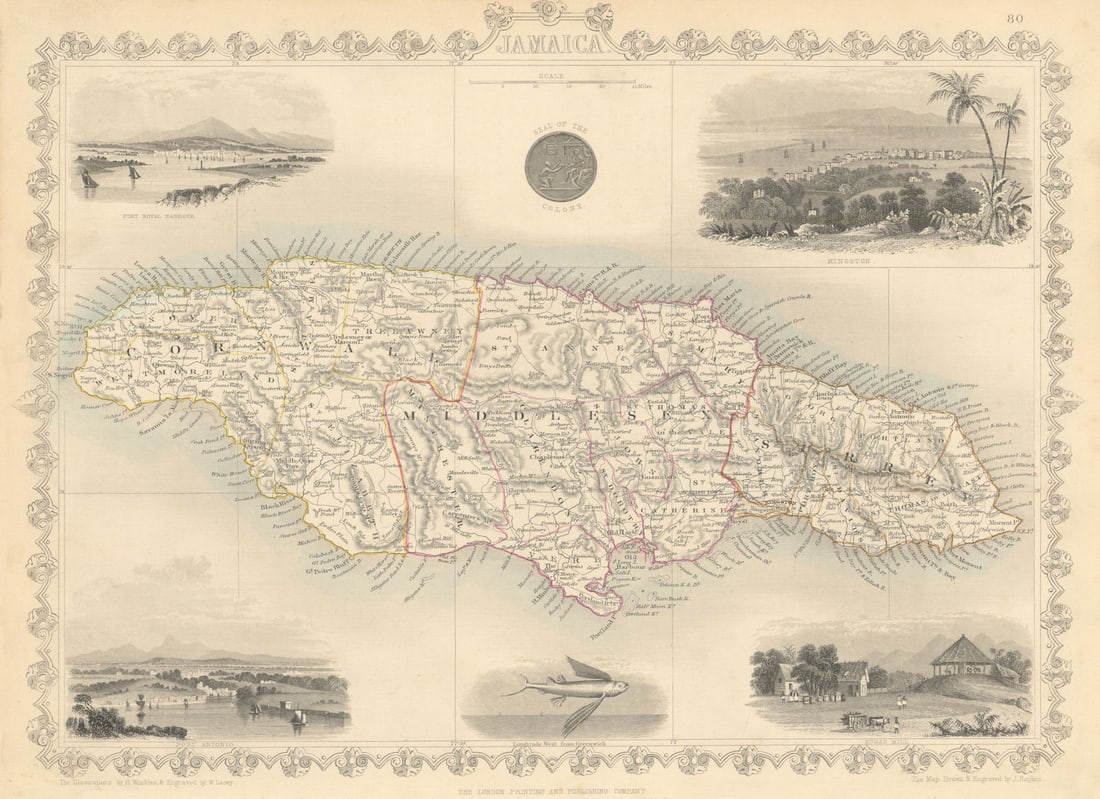 JAMAICA. Counties/parishes. Sugar Mill & Kingston views. RAPKIN/TALLIS 1851 map (1 of 1)