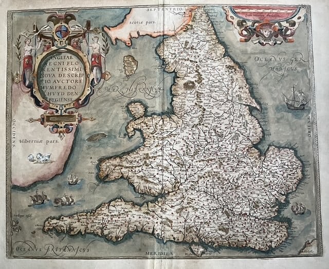 1579 Map of England & Wales by Abraham Ortelius: Title/Content: 1579 Map of England & Wales by Abraham Ortelius Date: 1579 Materials: Hand colored copperplate engraved, Dimensions: 18 1/2 x 15" Description: Rare 1579 copperplate-engraved map of Engl