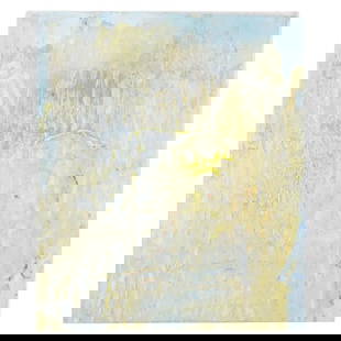 Mid Century American Abstract Acrylic Painting: Acrylic on canvas painting. American, mid-20th century. Abstract composition in grey, blue, and yellow colors. Impasto technique. Unsigned. Collectible Modernist Fine Art And Wall Decor For Interior