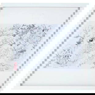 Kim Jung Gi Contemporary South Korean Ink Drawing: Ink pen on paper drawing by Kim Jung Gi, 1975 to 2022, a South Korean cartoonist and manhwa artist known for his highly detailed illustrations, often drawn only from memory. The artwork depicts a