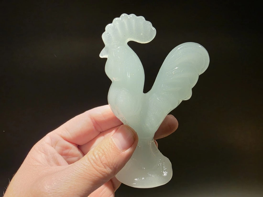 Sea Glass Green Jadeite Depression Glass Rooster Chicken: 4 1/2" Tall Wonderful reproduction glass rooster chicken figurine is a beautiful addition to any collection. The sea foam green jadeite color and depression-style design make it a unique and eye-catch