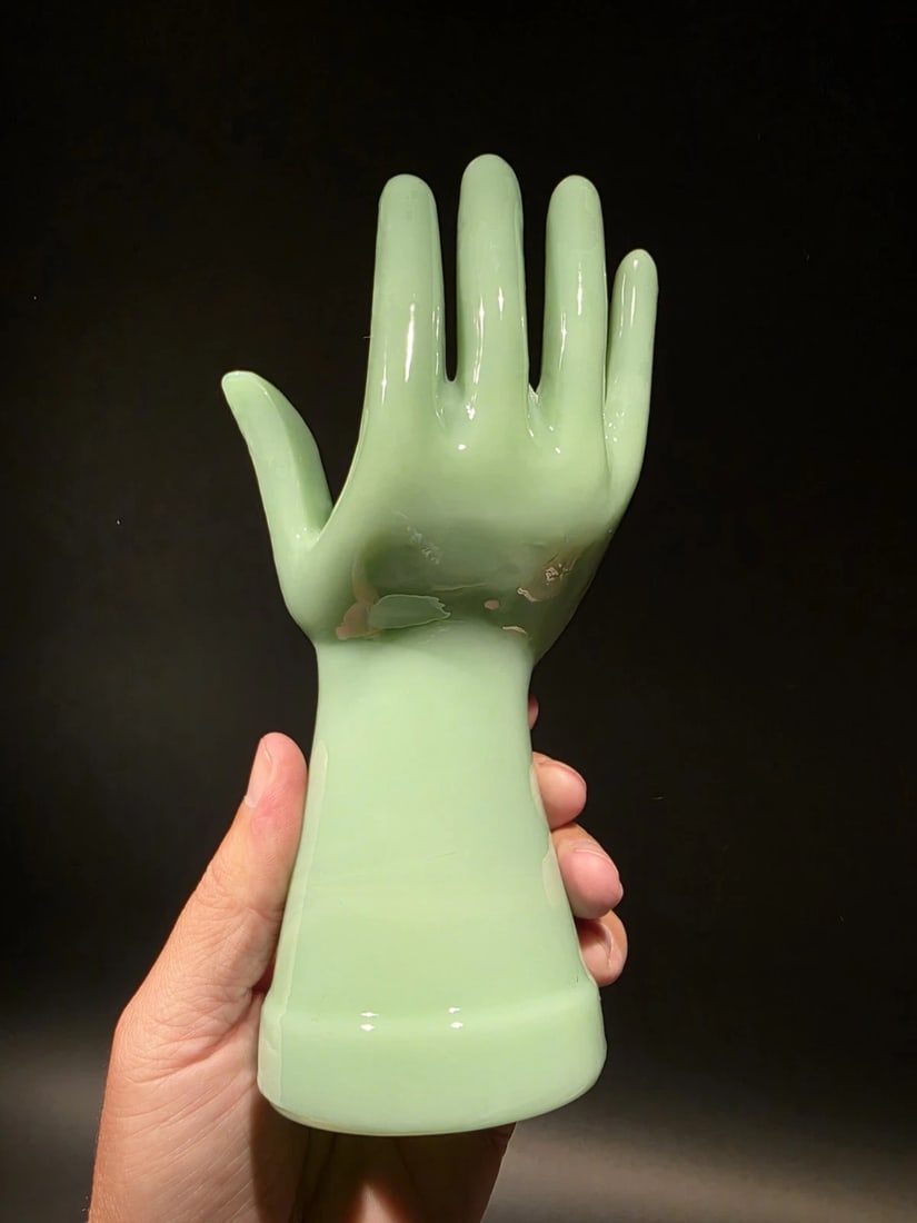8" Jadeite Green Depression Glass Ring/Glove holder: 8" Tall 4" Wide Wonderful reproduction green glass hand ring holder. Beautiful display for decoration or use. The wonderful color really catches your eye, certainly a must-have for any glassware colle