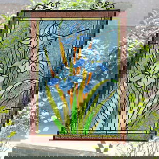 25" Iris Stained Glass Window Hanging Panel Suncatcher: Net Weight: 5.82 lbs Overall Width: 17.72" Overall Height: 25.2" Shade Materials: Tiffany-Glass Panel Chain Length: 31.5" Glass Thickness: 0.16" Max Hanging Distance: 40.16" Such a wonderful reproduct
