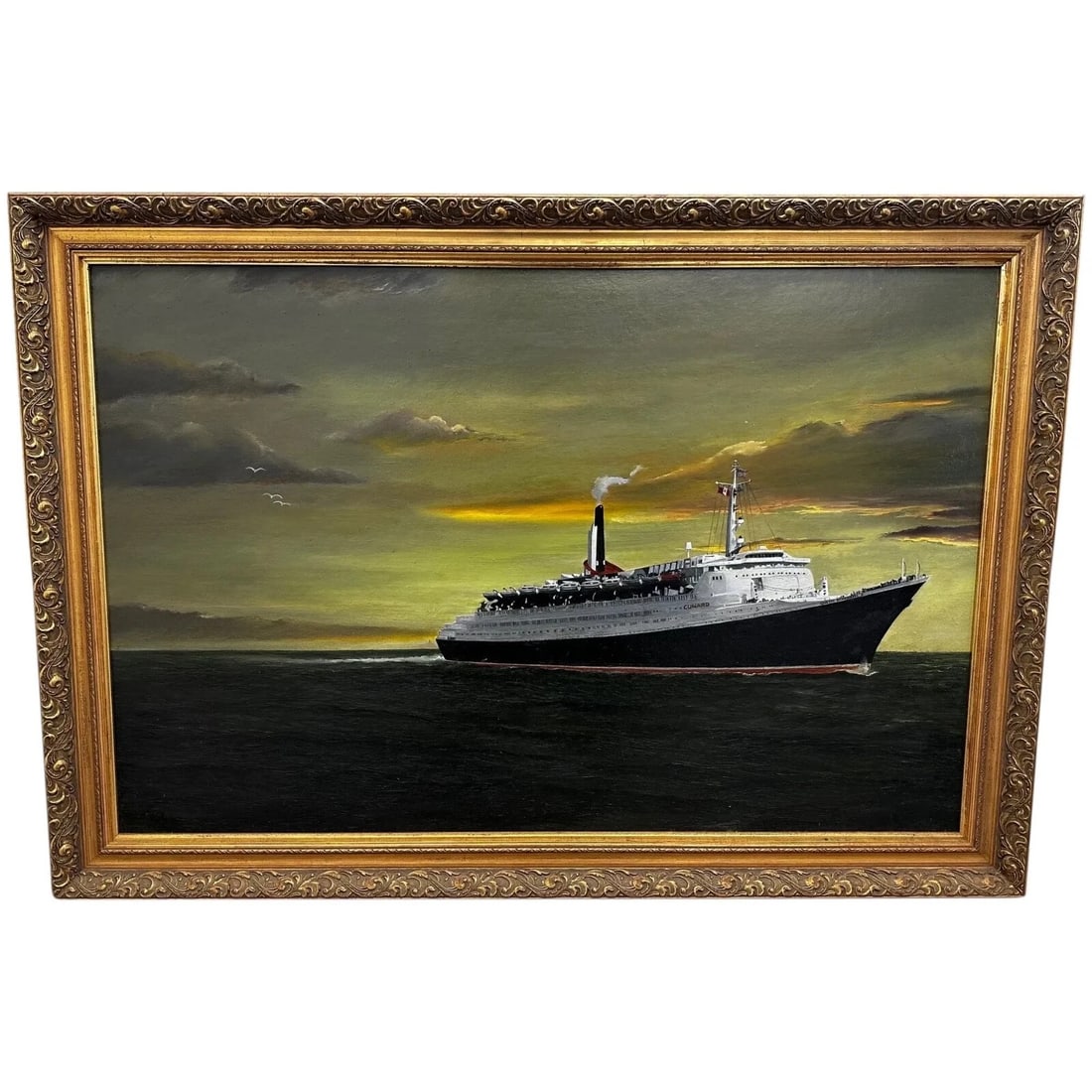 QE2 Cunard Luxury Liner Stunning Large British Marine Oil Painting Gilt Frame: QE2 Cunard Luxury Liner Stunning Large British Marine Oil Painting Gilt Frame QE2 Cunard Luxury Liner — Stunning Large British Marine Oil Painting in Giit Frame Subject & Medium We proudly offer