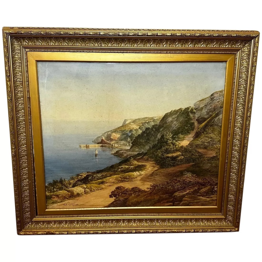 Watercolour Coastal Landscape Babbacombe Beach Devon by Samuel Edward Kelly: Watercolour Coastal Landscape Babbacombe Beach Devon by Samuel Edward Kelly 1 Fine Large British Antique Work of Art Watercolour Painting Coastal landscape Babbacombe Beach Devon by Samuel Edward Kell