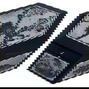 Onyx Jasper And Semi Precious Stone Intarsia Box: A beautiful present box of an octagonal form, hand crafted of black onyx with picture jasper inlay on the lid and 6 panels of ornamental picture jasper with triangular rhodochrosite inlays in the