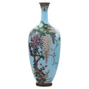 Meiji Japanese Cloisonne Enamel Turquoise Silver Wire Japanese Vase with Flowers