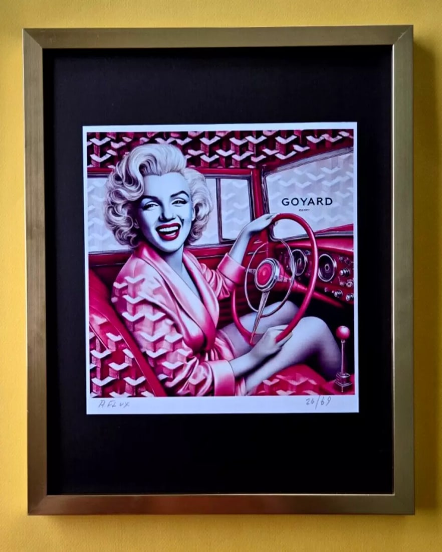 AIDAN FLUX | Hand Signed Original Print Framed LtdEd of 69 COA GOYARD MARILYN: This is a Stunning and Scarce 100% Authentic New Print by Aidan Flux AIDAN Flux represents a new wave of artists who embrace technology as a partner in creation, crafting works that resonate with the