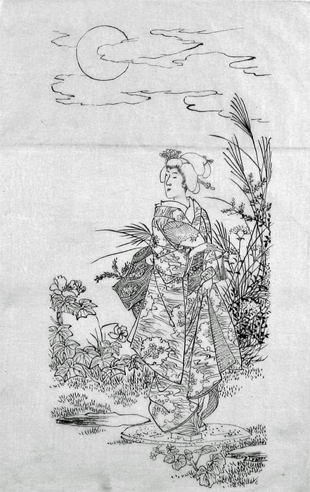 Toshikata, Mizuno (fl. 1866-1908): A samurai killing a rival and a lady standing by the lake. (1 of 1)