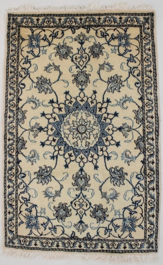 Cream Classic 3X5 Nain Kashmar Persian Rug: Title: Cream Classic 3X5 Nain Kashmar Persian RugDescription:Handmade Persian rug made with vegetable dyes (fine wool pile and cotton foundation), exceptional knot count, and appealing ancient designs