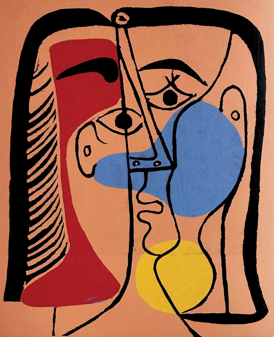 Picasso Linocut Large red blue & yellow Head XXe siecle 1978*: Artist: Pablo Picasso (after) Country: Spain Title: Large red, blue & yellow Head Medium: Linocut in colors Paper Size: Vellum 12.25 x 9.50 inch Marks: Text title below the art Provenance: Homage 