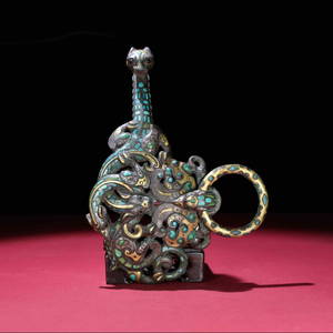 Chinese Qing Dynasty Bronze Inlay Gold Silver & Turquoise Dragon Phoenix Belt Buckle