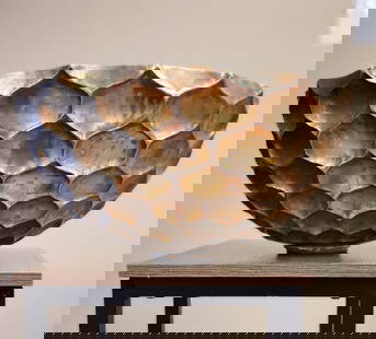Large vintage sculptural metal bowl w/ beautiful tarnished look and bold honeycomb design: Large vintage sculptural metal bowl w/ beautiful tarnished look and bold honeycomb design. Possibly Asian Origin. Reserve: $200.00 Shipping:Domestic: Shipping rates are determined by