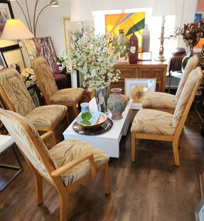 Set a 5 MCM upholstered oak dining chairs w/ great 1960s '70s pattern. From Kallen Industries USA: Set a 5 MCM upholstered oak dining chairs w/ great 1960s '70s pattern. From Kallen Industries USA Reserve: $500.00 Shipping:Domestic: Shipping rates are determined by destinationInternational: