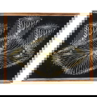 Mid Century Art Handcrafted Modern String Art: About the Item Mid-century artwork handcrafted modern string art depicting 3 cups on a table or a dinner set piece. Unsigned, circa 1950 Overall: 17x 21.5 Dimensions: Height: 21.5 in (54.61