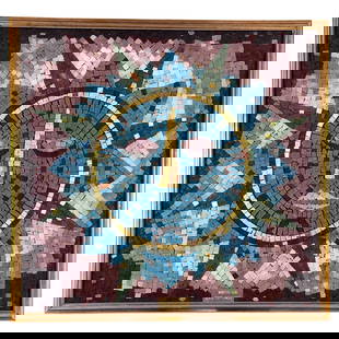 Mosaic Art "Winter Sun" Signed by Joyce Dittermore: About the Item Mosaic Wall artwork Sculpture Inlaid of colorful squniteuare rocks, colors like blue, gradients of pinks and purples, and blues. There is a sun figure in the middle of the frame with a