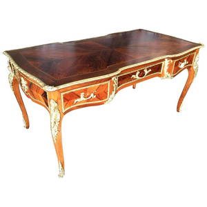 Louis XV Rococo Mahogany, Satinwood and Bureau Plat Executive Writing Desk