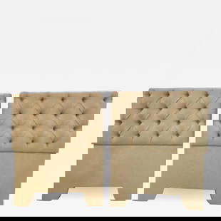 Pair of Tufted Linen Twin Headboards: Description: Pair of tufted linen twin headboards. Dimensions: Dimensions W. 40 in; H. 15.5 in; D. 4.5 in; W. 101.6 cm; H. 39.37 cm; D. 11.43 cm; More Information: Period: 1950-1979 Materials
